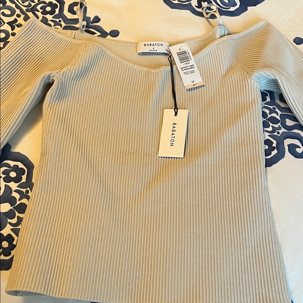 Babaton Cream Ribbed Off-Shoulder Top